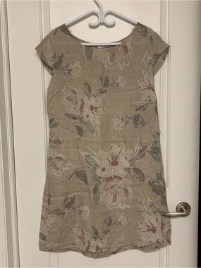 Me & Gee Linen Floral Dress M Shift Tunic Stretchy Waist Pockets Boho Lagenlook